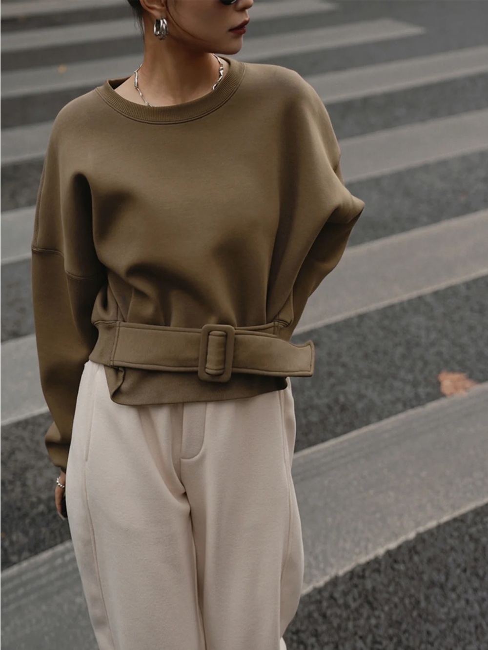 Commense Belted Brown Pullover Sweatshirt Large